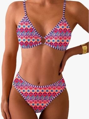 Printed Ring-Front Bikini in Pink & Blue